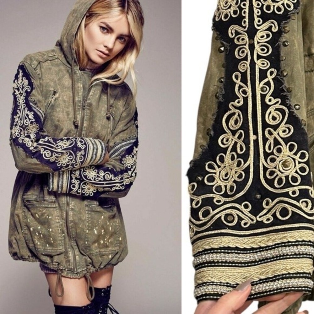 Free People Golden Quills Military Parka Jacket XS Green Embellished ASO Boho